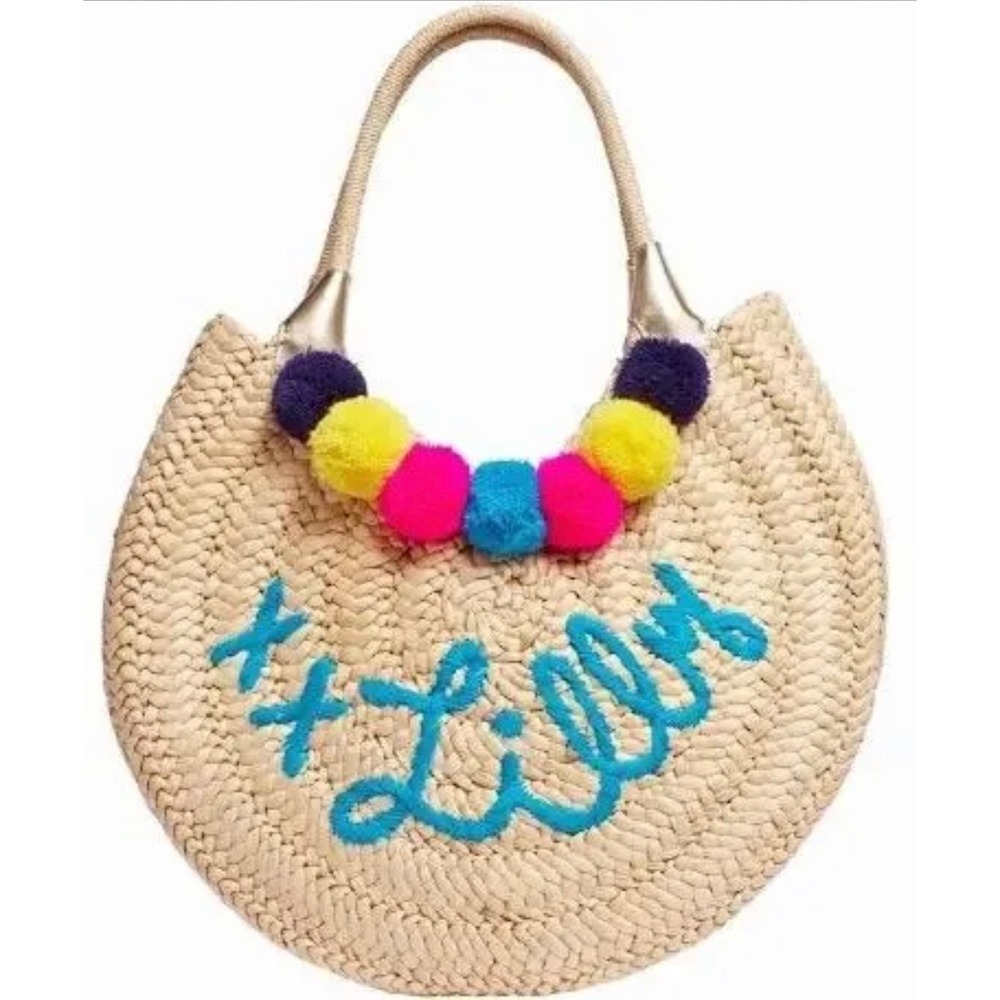 Lilly Pulitzer positano Straw Circle Tote Bag Pom Pom Embroidered Beach Bag